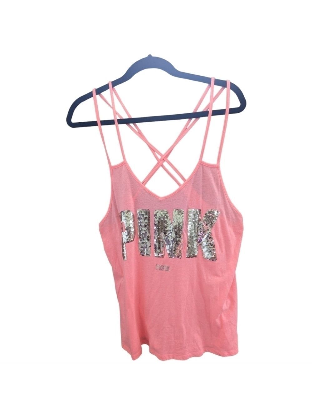 PINK Victoria's Secret Peach Spellout Gold Sequin Tank Top Size Small